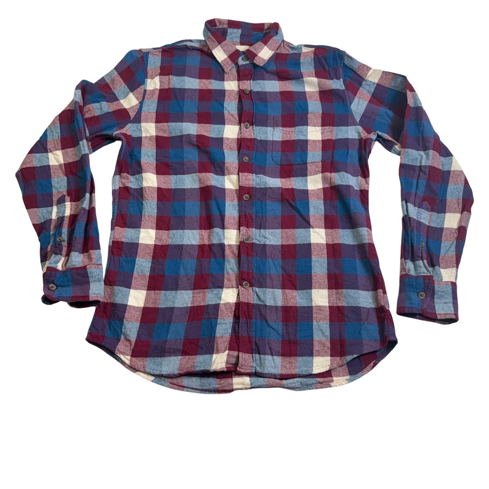 J.Crew Flannel Shirt Mens M Burgundy Blue Excellent Plaid Button Down AZ838